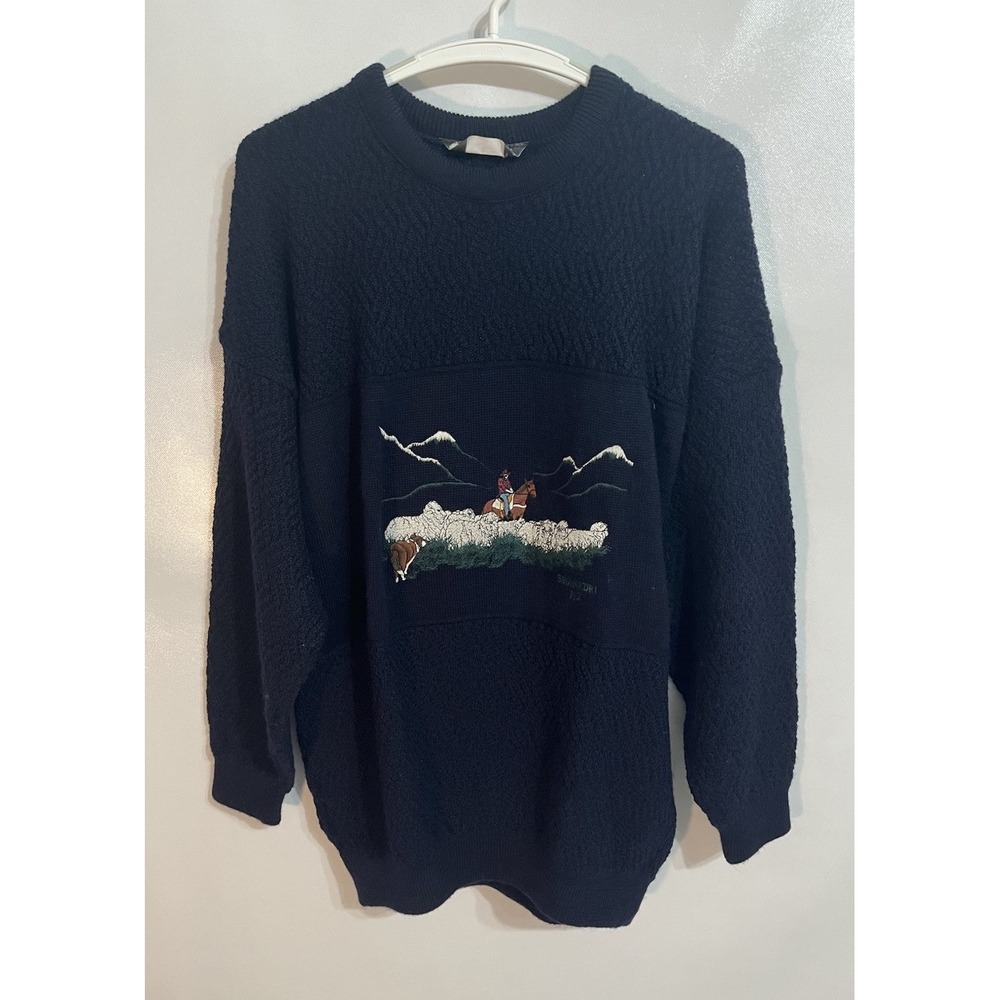 Vtg Swanndri New Zealand 3XL Embroidered Cowboy Sheep Wool Sweater Navy Men's